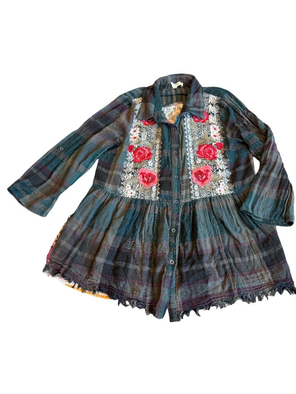 Andree By Unit Button-Down Shirt Plaid Embroidered Floral Bohemian Size Medium